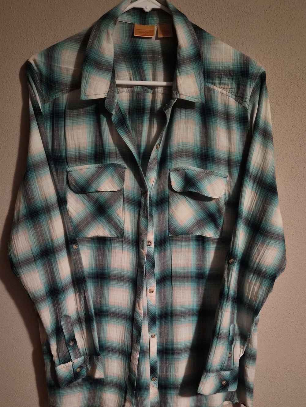 Northcrest Teal and White Plaid Long-Sleeve Button-Down Shirt